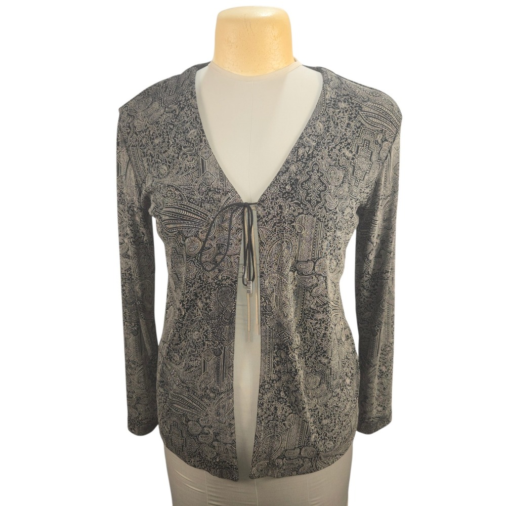 Chico's Travelers Cardigan Women Size 1 M Paisley Black‎ Tie Front Vacation Chic